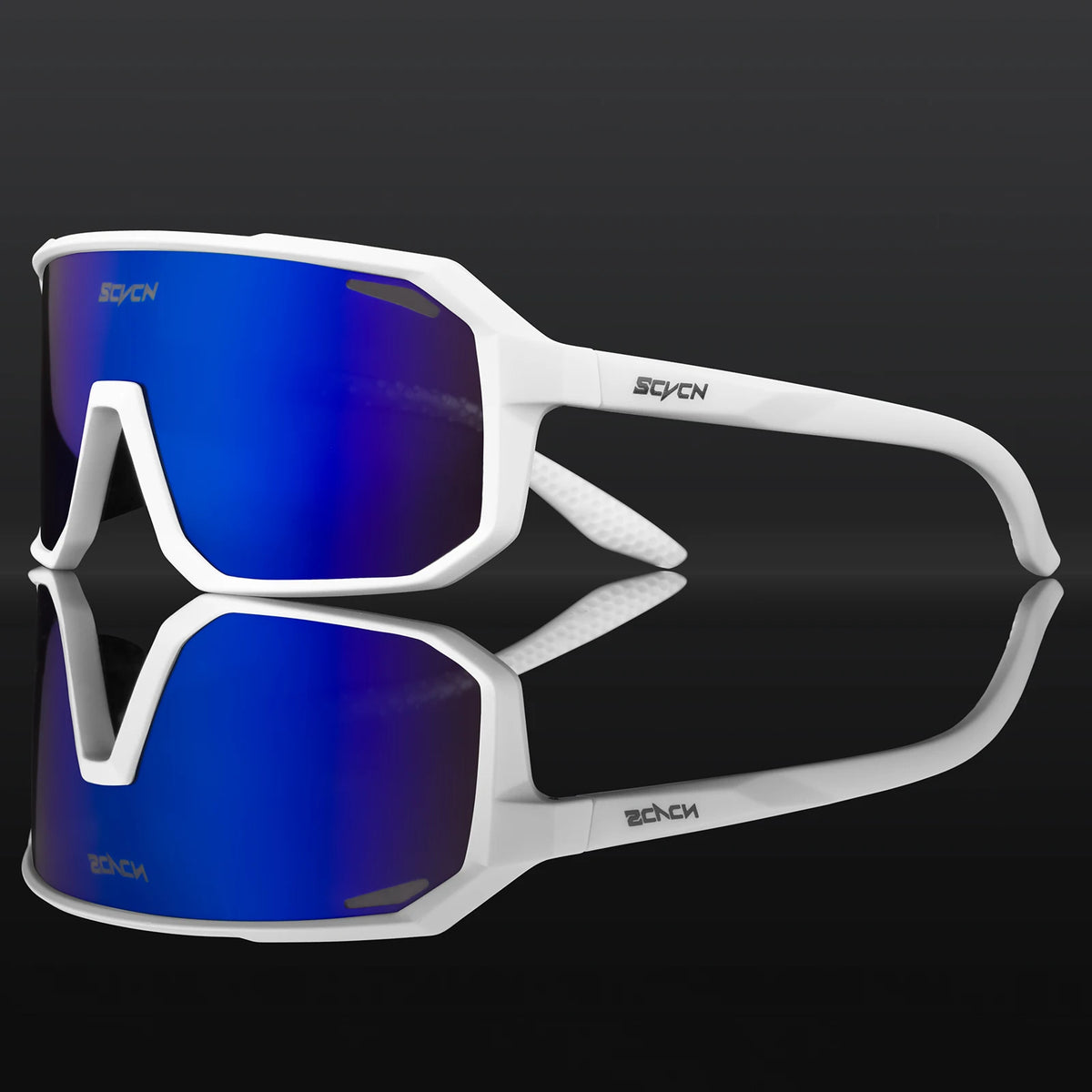 Cycling sunglasses with white frame and blue mirrored lenses
