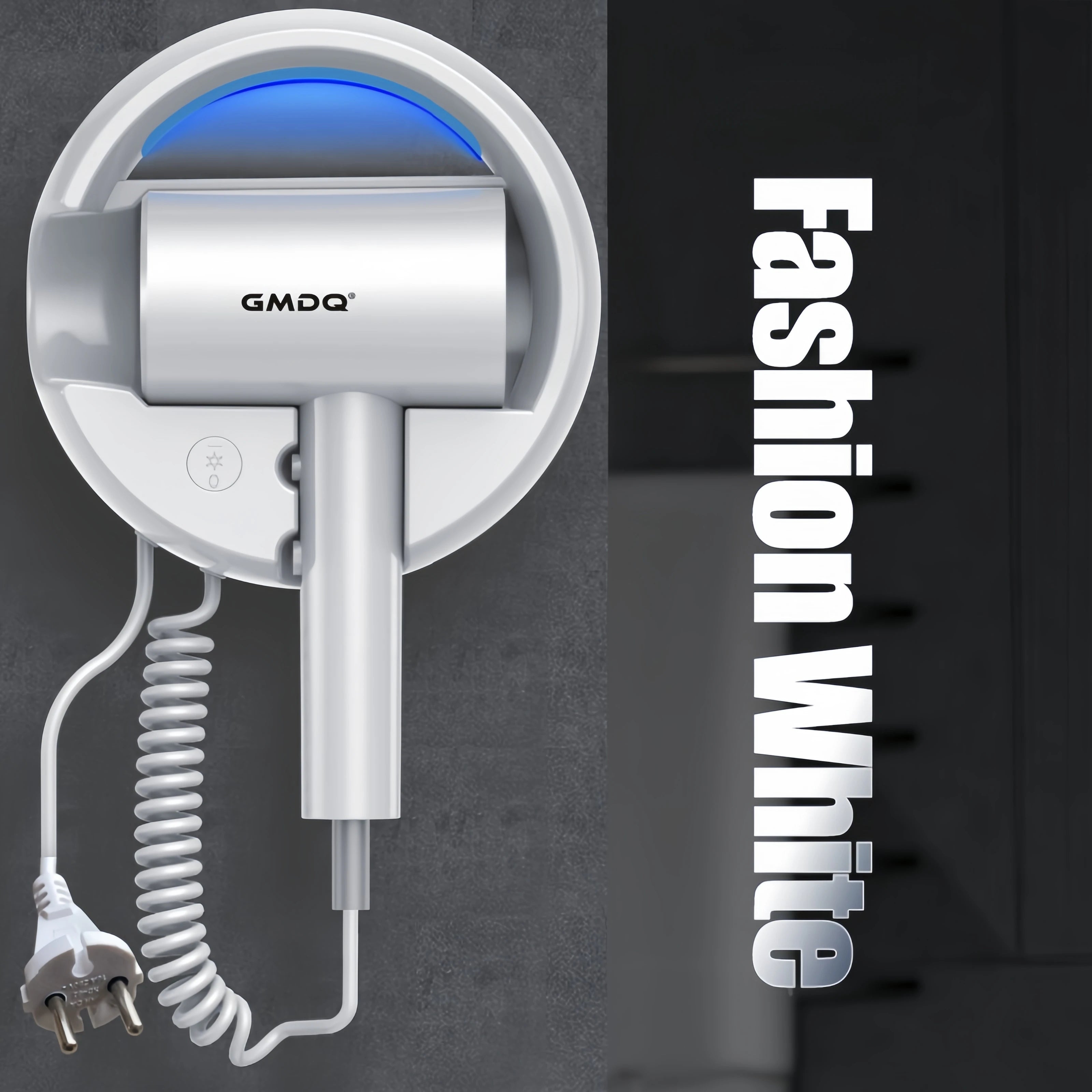 White GMDQ wall-mounted 1800W hair dryer with blue light, coiled cord, and 3-speed settings for home or hotel use.