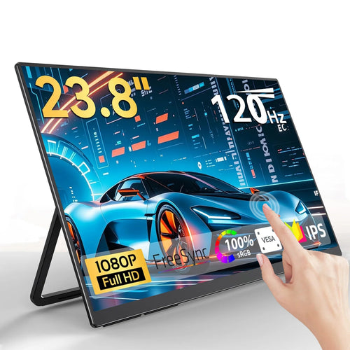 23.8-inch touchscreen portable monitor with thin black bezels, integrated stand, and high-performance gaming display.