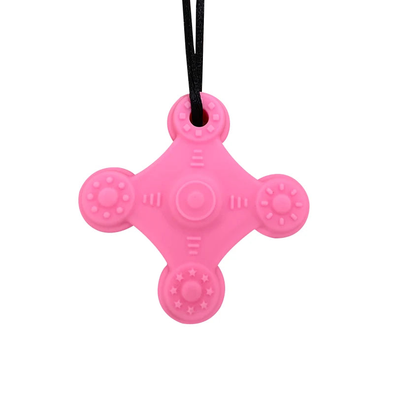 Pink silicone baby teething toy pendant for soothing teething relief.