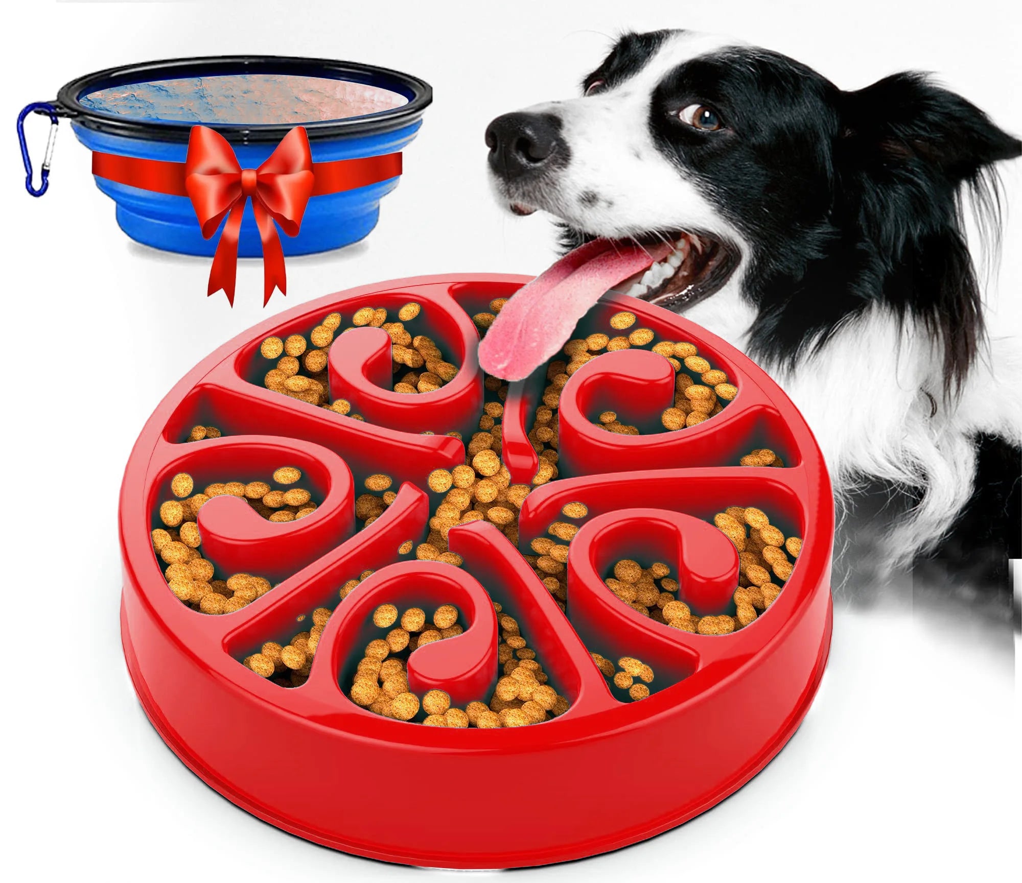 Red non-slip dog slow feeder bowl for healthy, anti-gulping digestion. Includes a bonus blue collapsible travel bowl.
