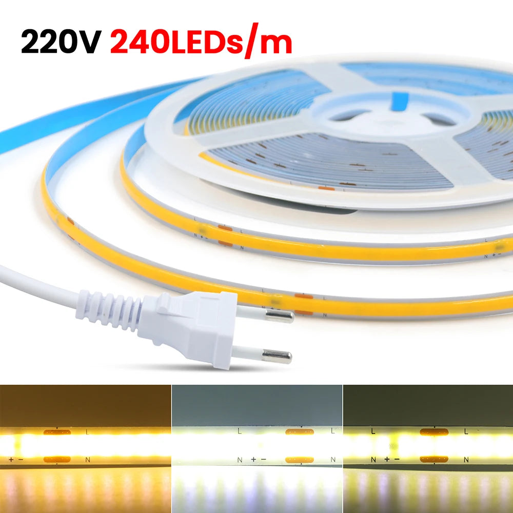 COB LED Strip Light Power Kit 220V 110V AC 3000K 4000K 6000K 2pin 240LEDs/m with IC Driver IP20 8mm PCB Dimmable Linear Lighting