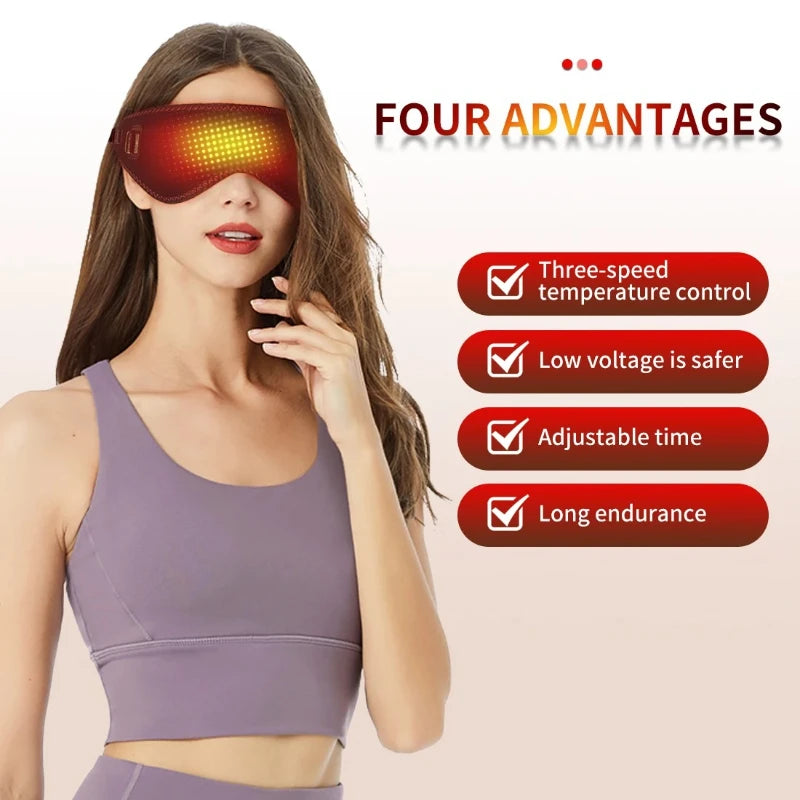 Woman wearing a red heated eye mask that glows yellow in the center, next to a list of four product advantages.
