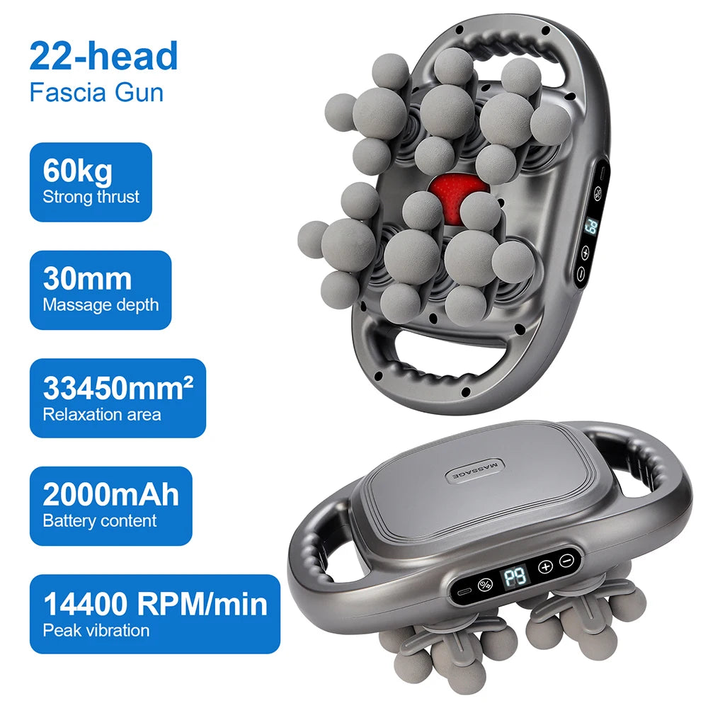 Gray 22-head fascia massage device with handles and digital display, designed for deep tissue muscle relaxation.