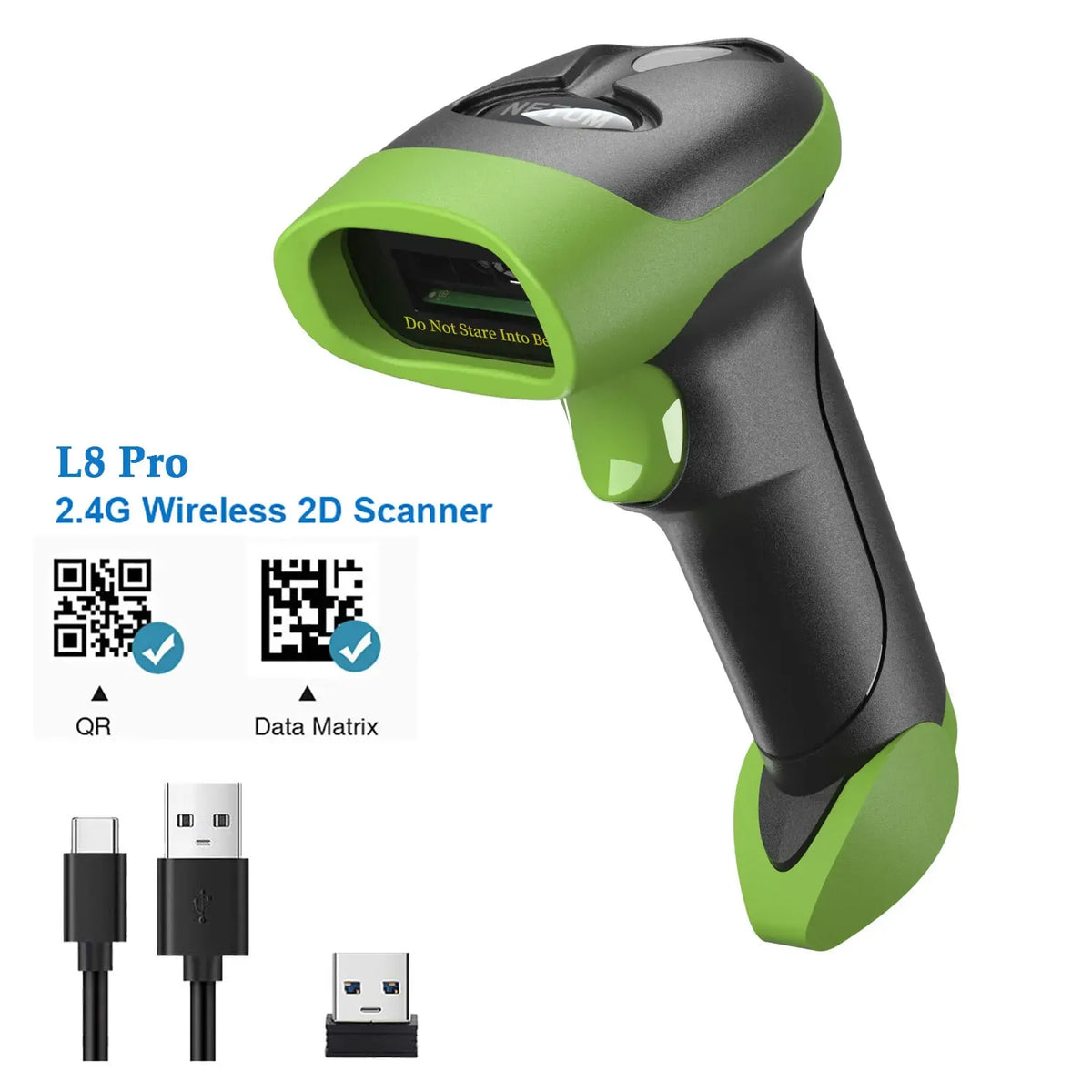 Green and black 2.4G wireless 2D barcode scanner with QR and Data Matrix icons