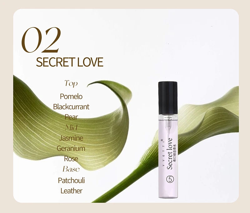 HOPE CHRISTINE Secret Love EDT sample, slender glass vial, floral-patchouli notes, luxury women's fragrance gift set.