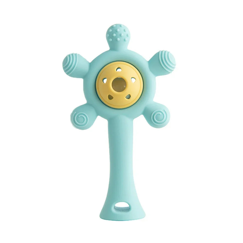 Blue and yellow silicone baby teething toy for soothing sore gums and infant teething relief.