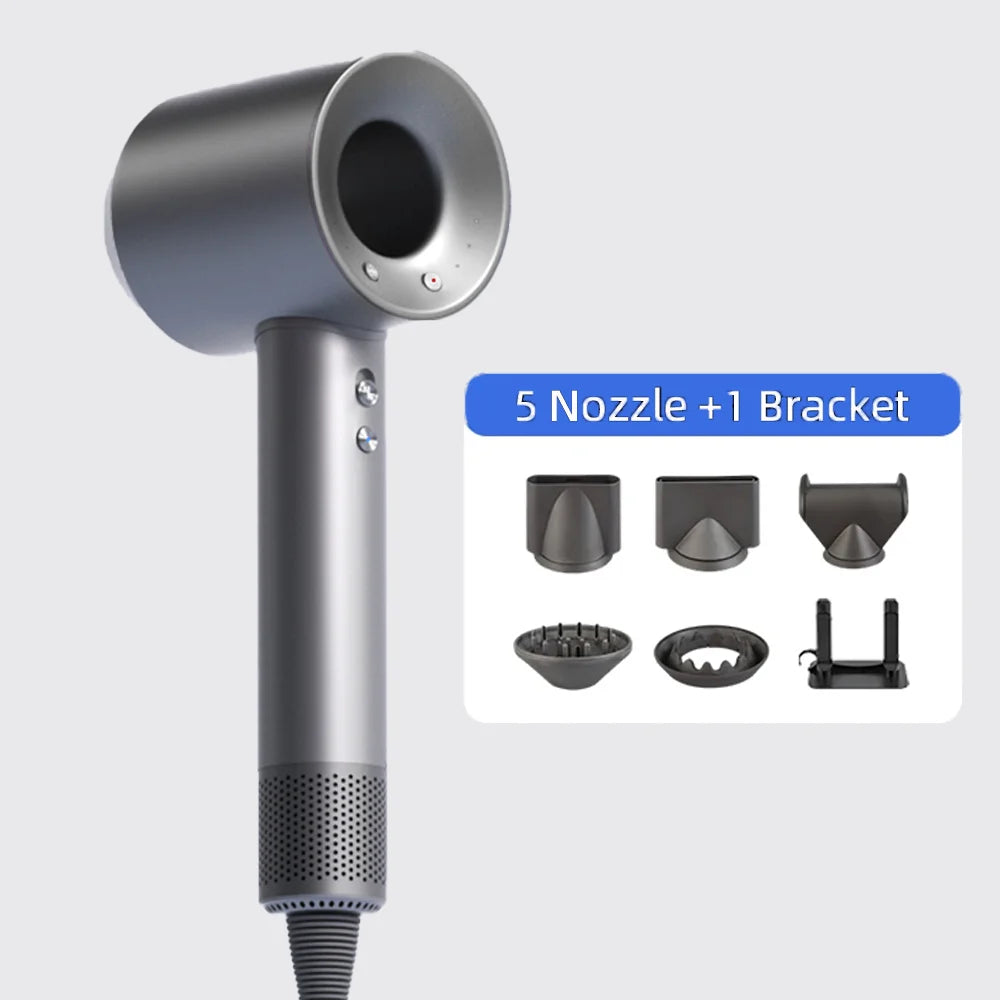 Grey high-speed ionic hair dryer with 5 nozzles and bracket, portable bladeless design for fast, silent hair drying.