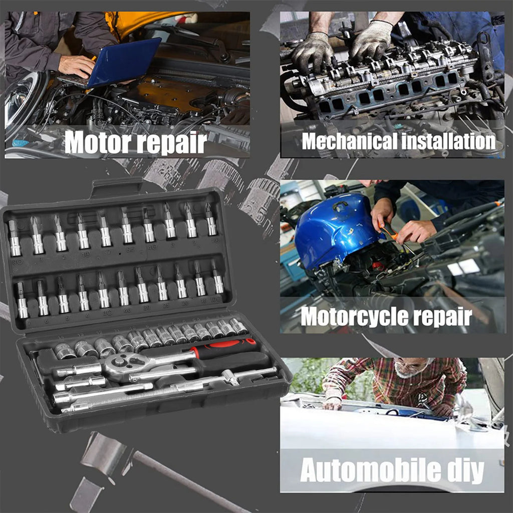 Podofo 46pcs Car Repair Tool Kit NEW Car Repair Tool Kit Socket Set Car Repair Tool Ratchet Torque Screwdriver For Bicycle