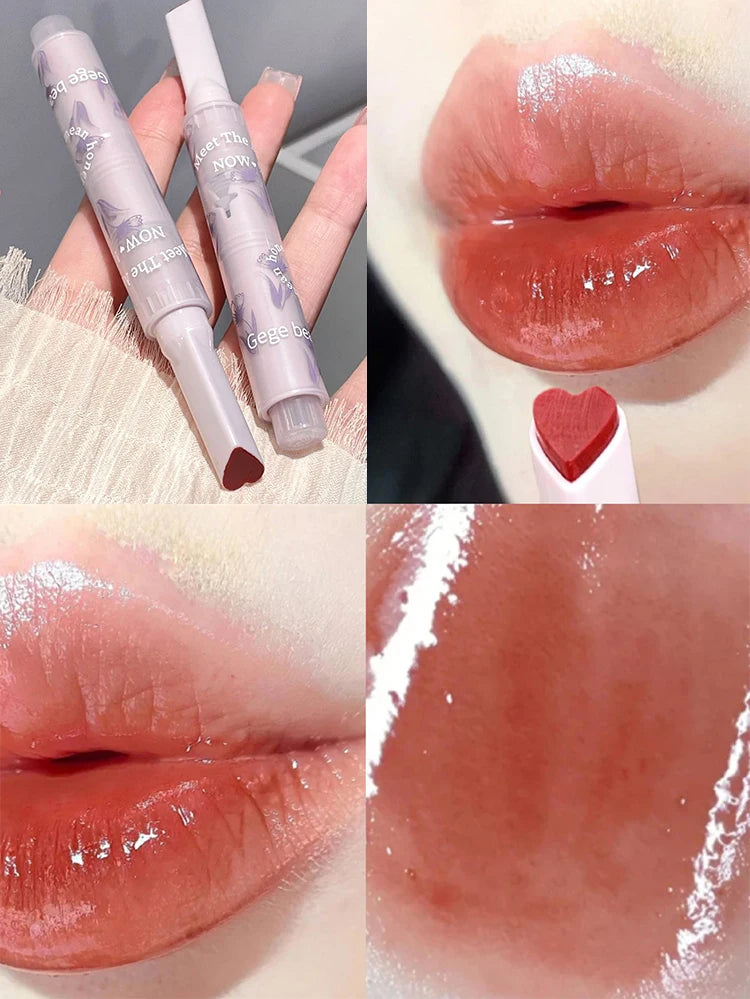 Gege Bear heart-shaped lipstick in glossy jelly finish, providing a moisturizing, high-shine red lip makeup look.