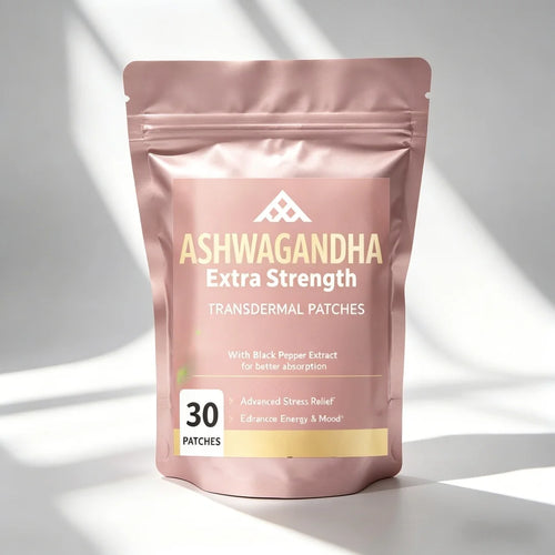 Dusty rose pouch of 30 Ashwagandha transdermal patches for adaptogen stress relief and energy support.
