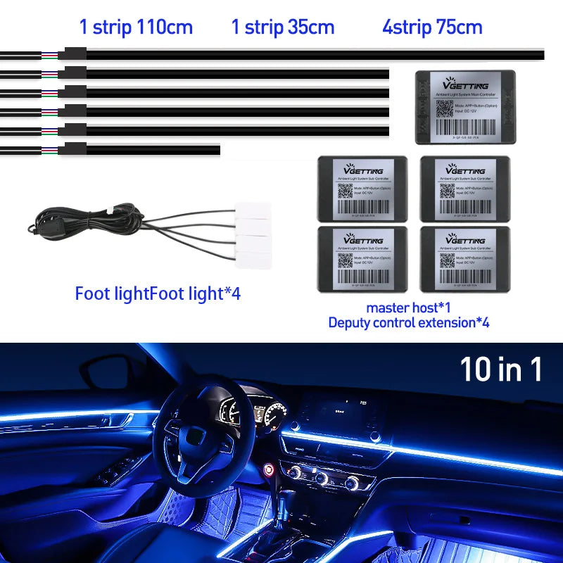 10-in-1 car ambient LED light kit with control boxes and various strip lengths for interior dashboard lighting.