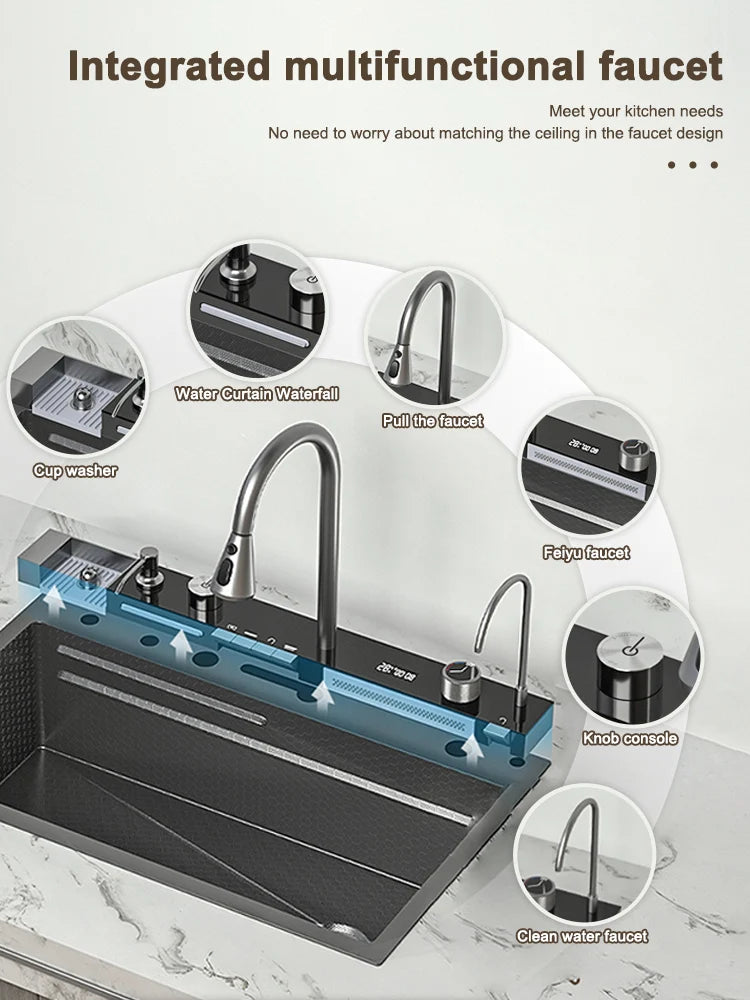 Stainless Steel Kitchen Sink Large Single Slot Multifunctional Waterfall Digital Display Faucet Wash Dish Bowl Undermount Basin