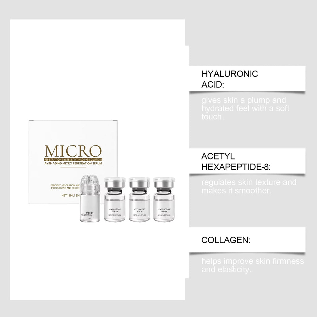Anti-aging micro penetration serum set in four small clear glass vials with silver caps next to a white box.