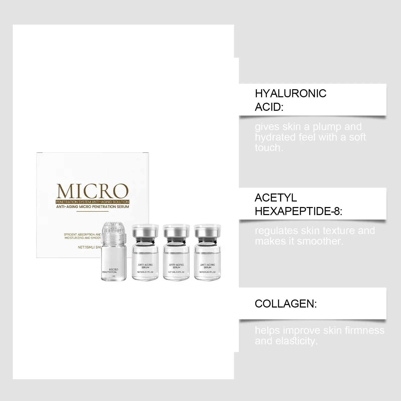 Anti-aging micro penetration serum set in four small clear glass vials with silver caps next to a white box.