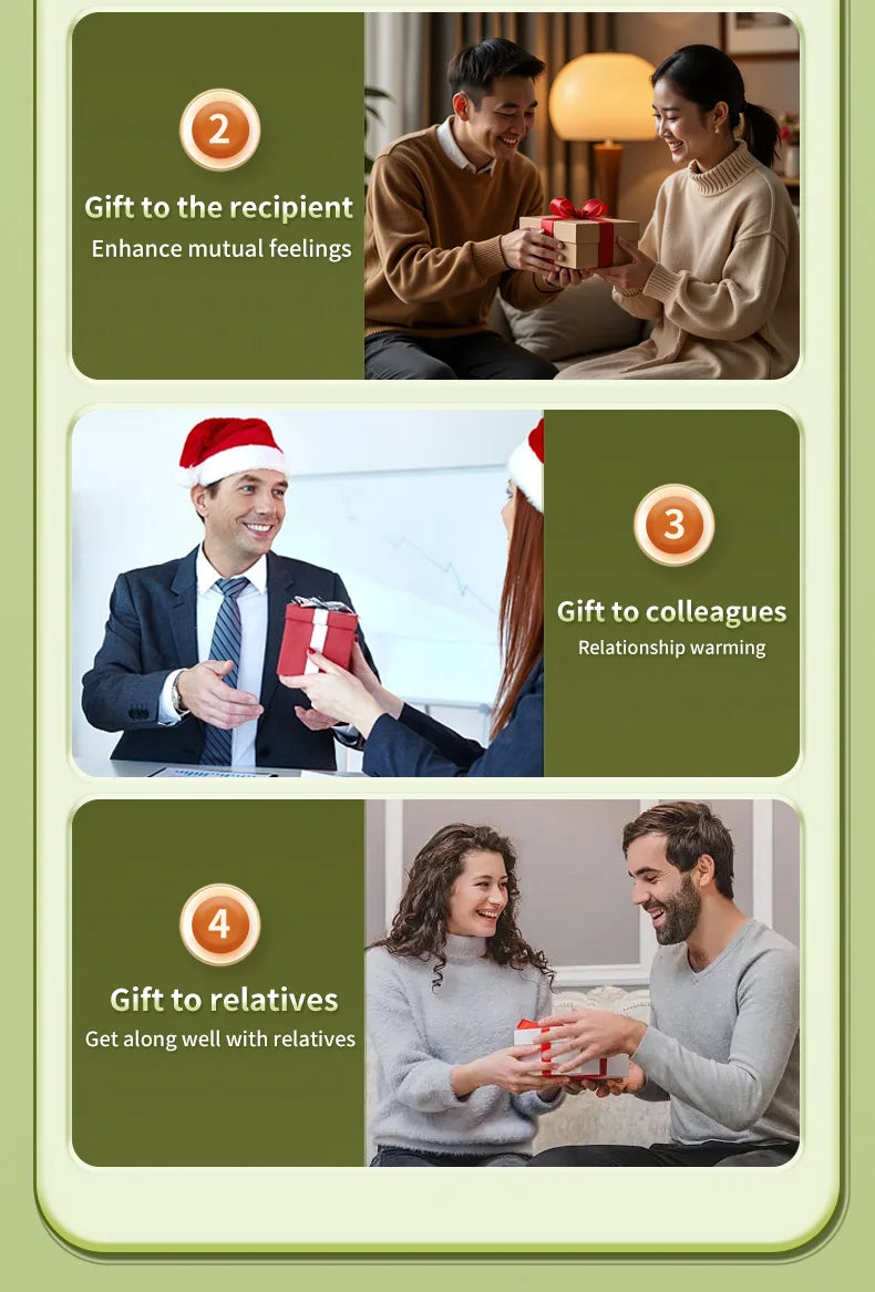People exchanging wrapped gifts to show appreciation for colleagues, relatives, and partners for holiday gifting.