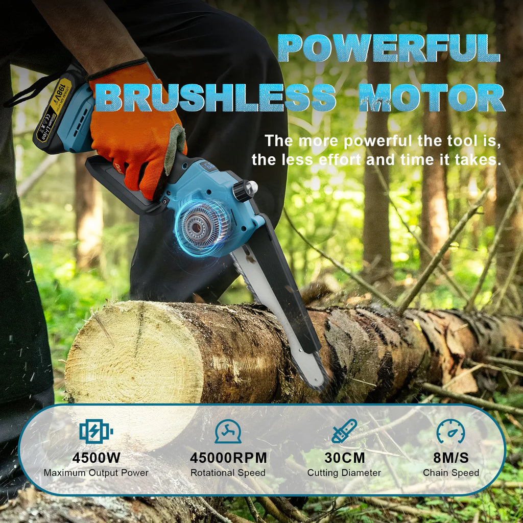 Gisam 8 Inch Brushless Electric Chainsaw Cordless Portable Electric Saw Woodworking Power Tool For makita 18v battery pins