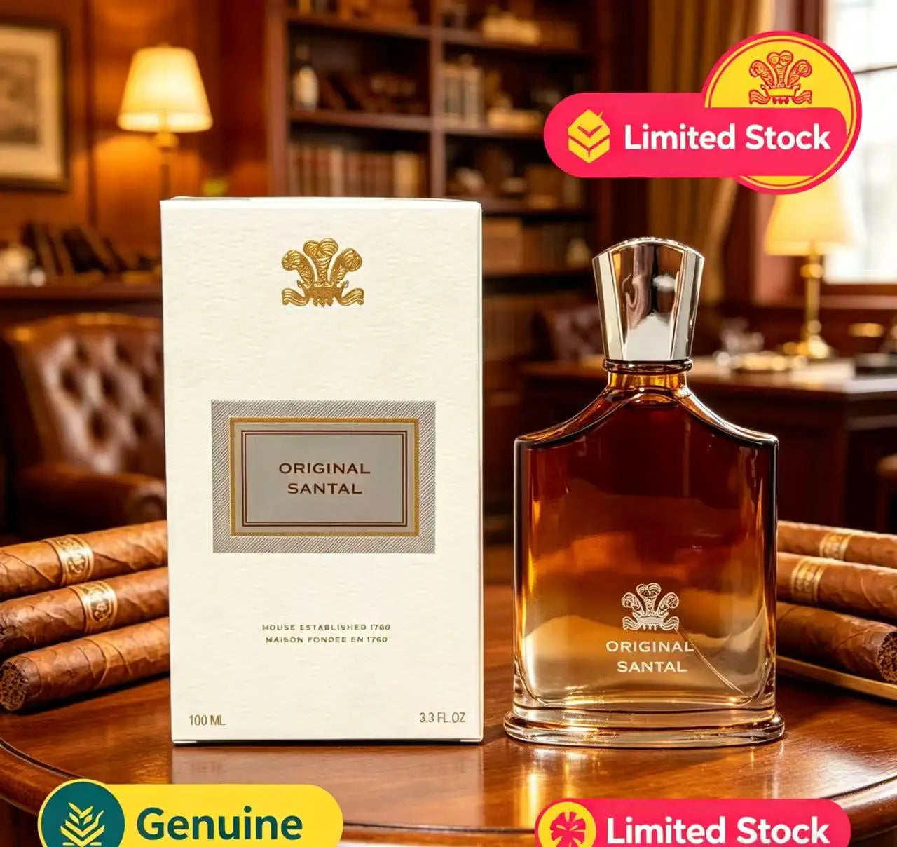 Original Santal 100ml amber glass perfume bottle and white box on a table with cigars.