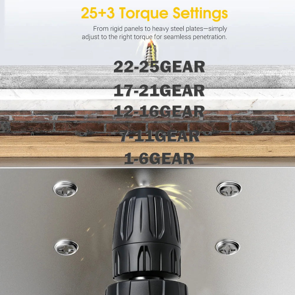 25+3 Torque Impact Drill Electric Screwdriver Cordless Electric Hammer Drill Driver 2 Gear Speed Lithium-Ion Battery Power Tool
