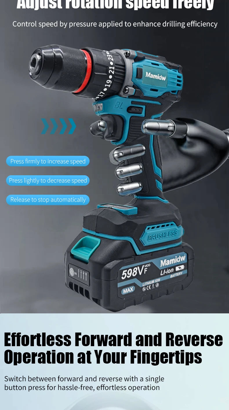 Mamidw Brushless Lithium Electric Drill 1850RPM High Speed Cordless Power Drill for Metal Wood Drilling Furniture Screw Fastening, For Makita 18V Battery PIN