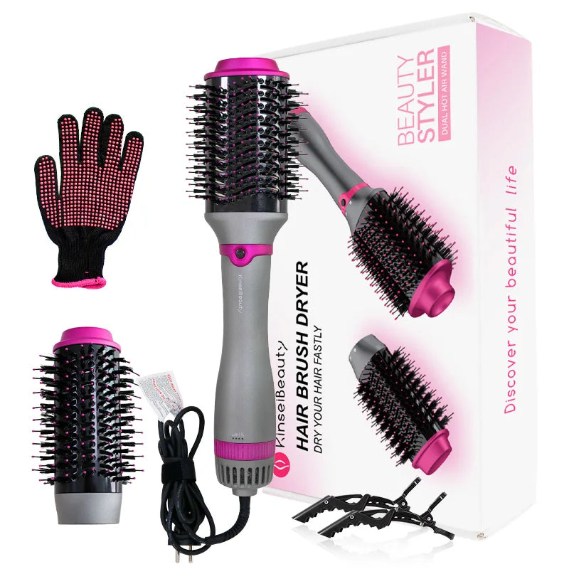 Kinseibeauty 3-speed hot air brush dryer set with grey and pink attachments, thermal glove, and hair clips for styling.