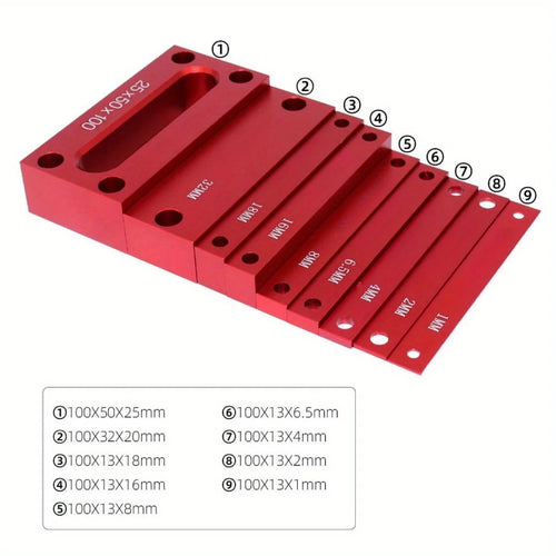 Red stackable height gauge blocks with numbered height markings and through holes
