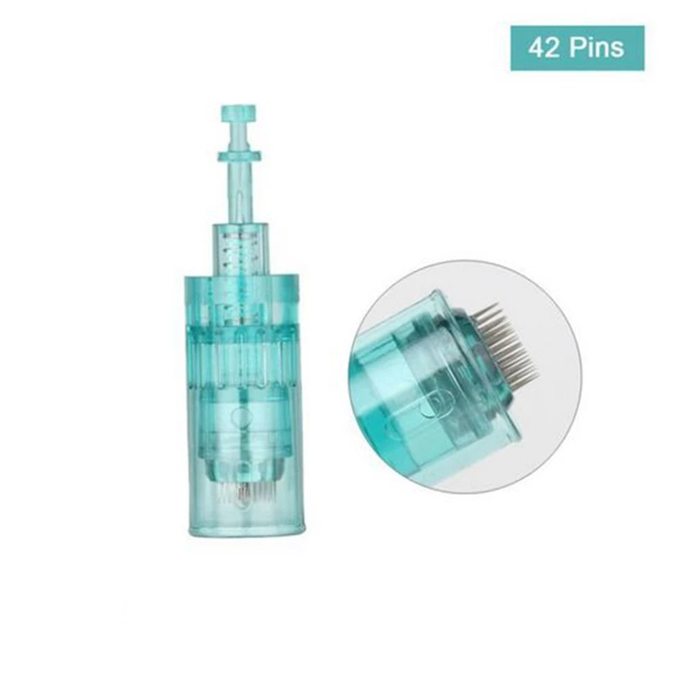Blue 42-pin microneedling cartridge for dermapen, featuring a plastic cylinder body with a needle tip close-up.