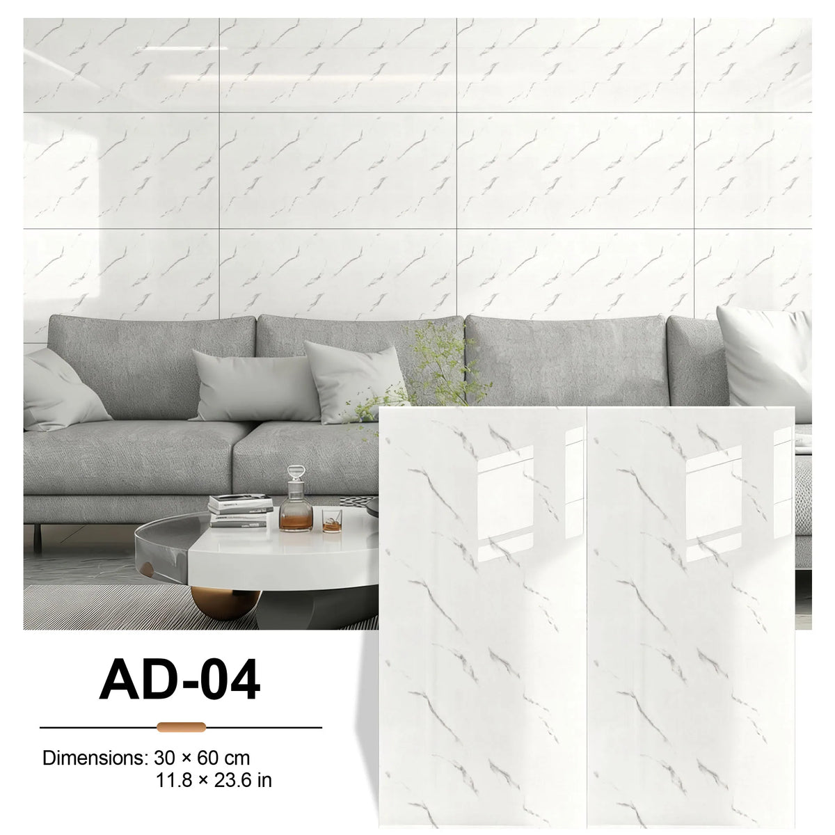 Self-adhesive white marble tile sticker sheet with light gray lines, 30x60cm, AD-04