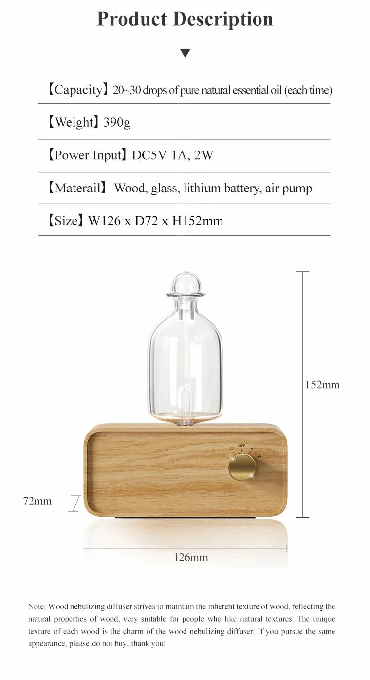 Aromatherapy Diffuser Professional Wood and Glass Essential Oil Diffuser Nebulizer Nebulizing 2600mAh Scent Machine Waterless