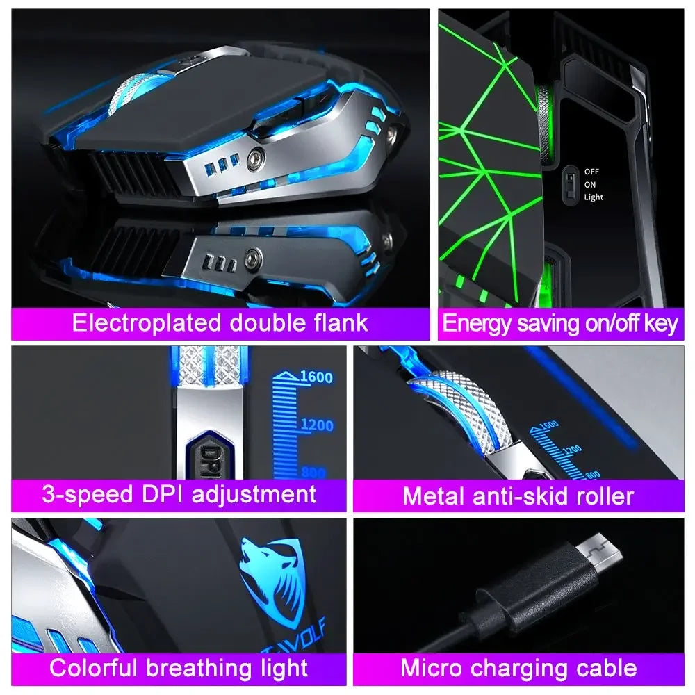 T-WOLF Thunderwolf Q15 Rechargeable Wireless Mouse RGB Glow Game Office Silent Laptop 2.4g Rechargeable Wireless Mouse