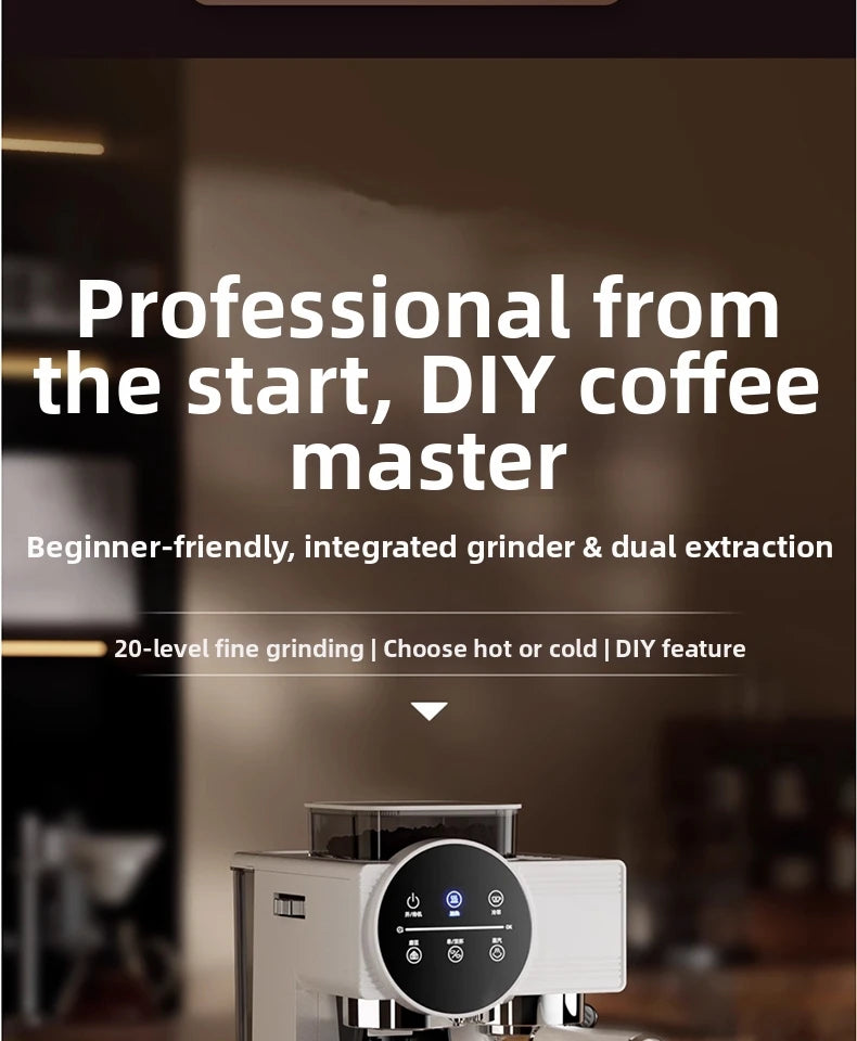 White compact espresso machine with integrated 20-level grinder, digital touch panel, and hot/cold extraction settings.