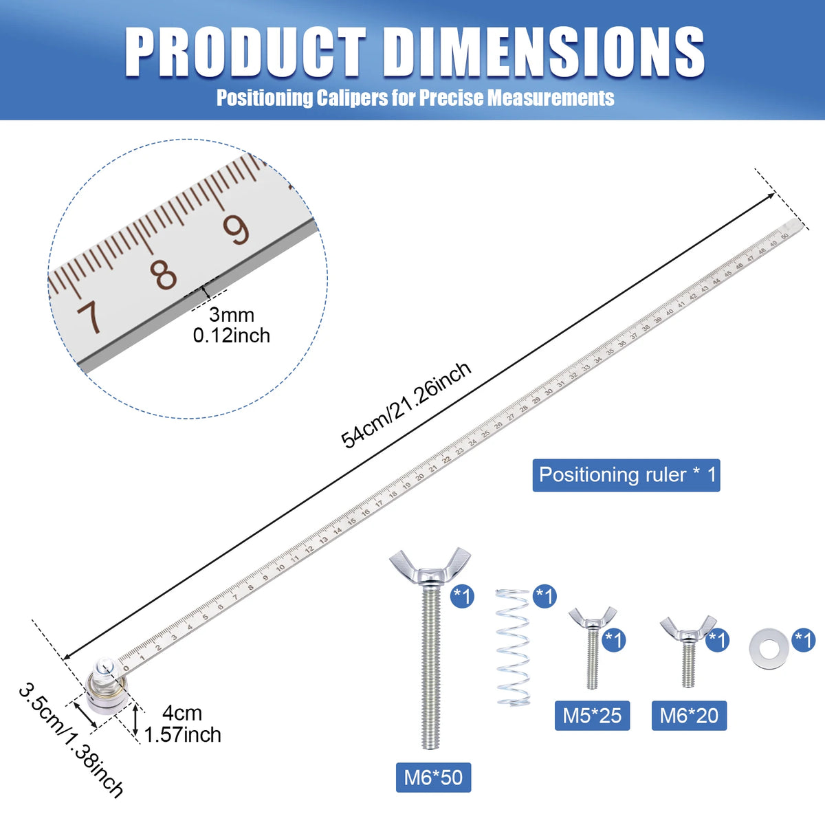 Positioning ruler set with guide rail and hardware screws and springs for adjustment