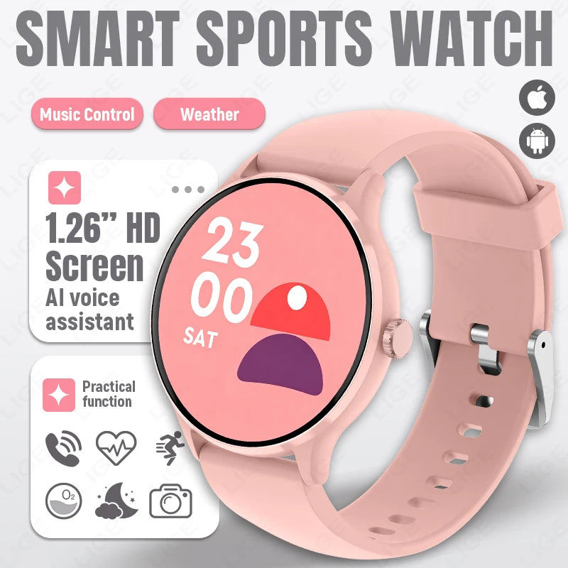 Smart sports watch with pink silicone band, round 1.26" HD screen.