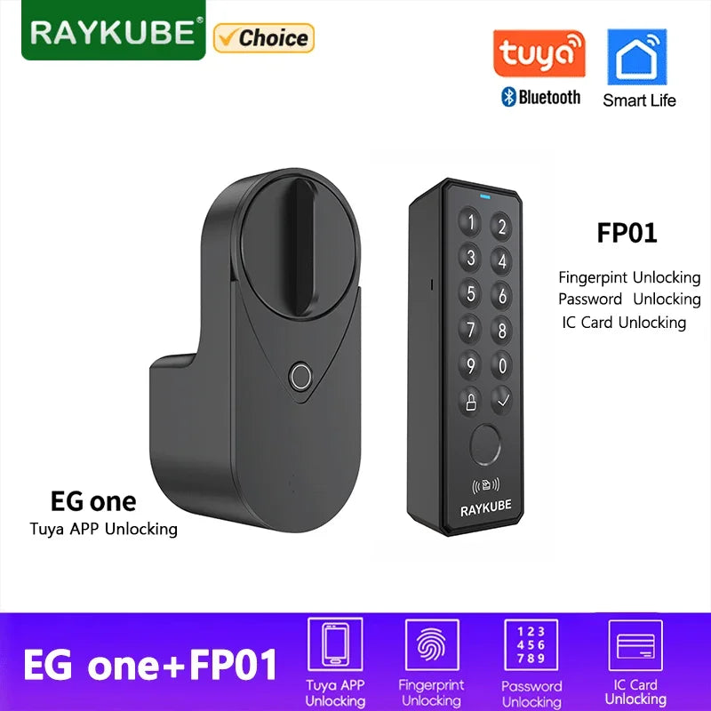 New RAYKUBE EG One Tuya BLE Smart Lock + Wireless Fingerprint and PIN Pad FP01 Bundle – Drill-free, Easy Installation