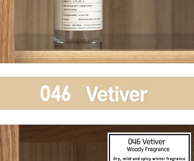 046 Vetiver unisex EDP 100ml: A fresh, fruity, and sandalwood woody fragrance in a minimalist clear glass bottle.