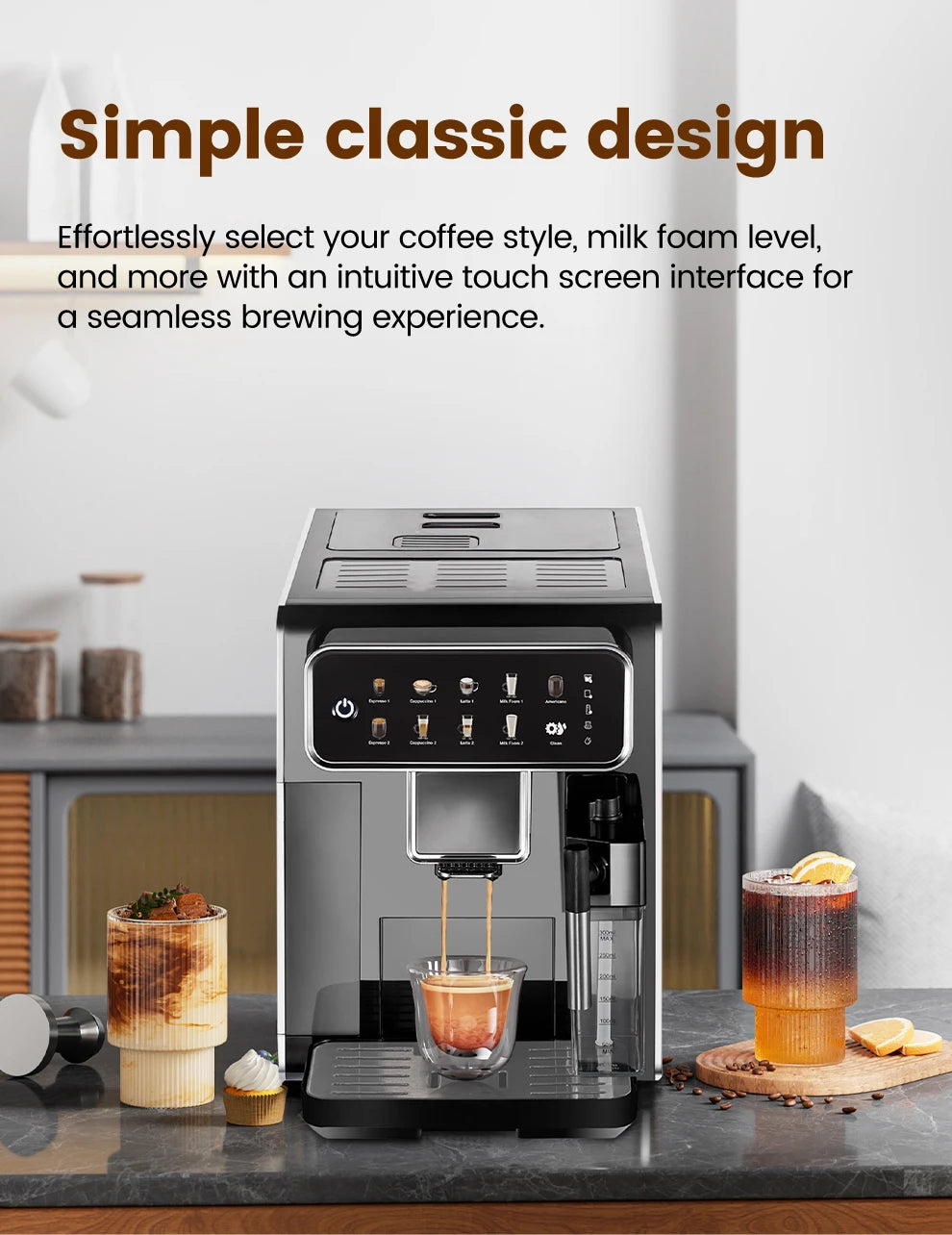 Black automatic espresso machine with intuitive touchscreen interface and integrated milk frother on kitchen counter.