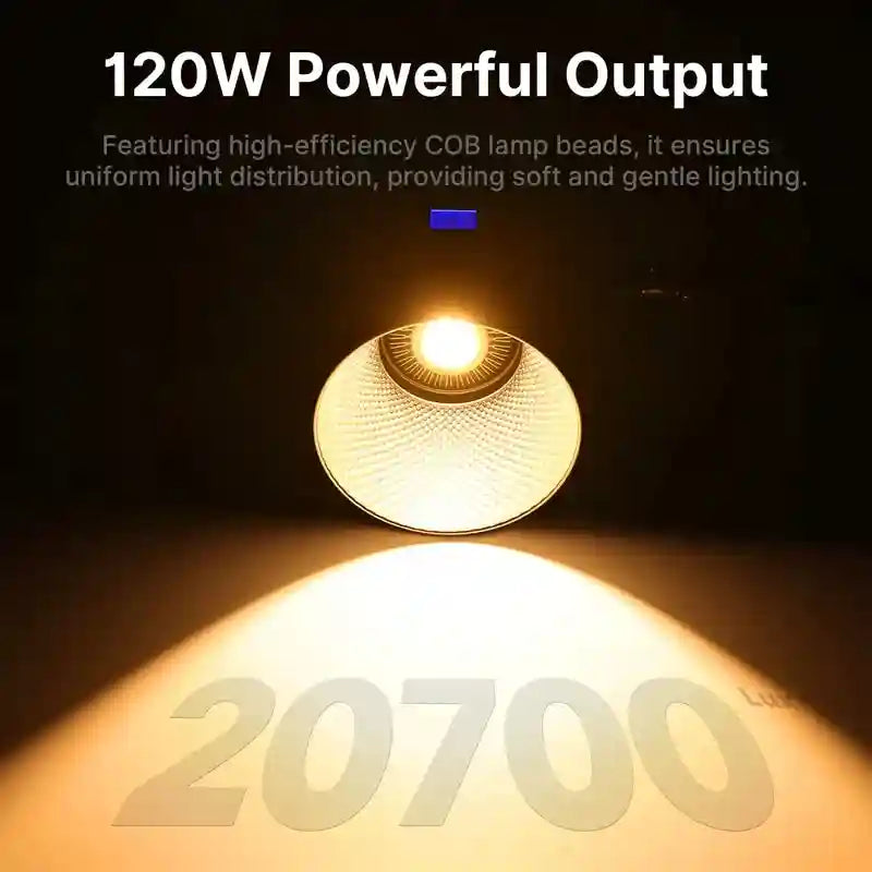 120W COB LED spotlight with a circular faceted reflector, emitting a warm, focused beam of light.