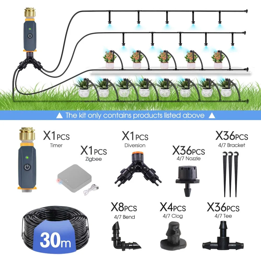 Garden drip watering layout kit with zigzag tubing and multiple adjustable emitters