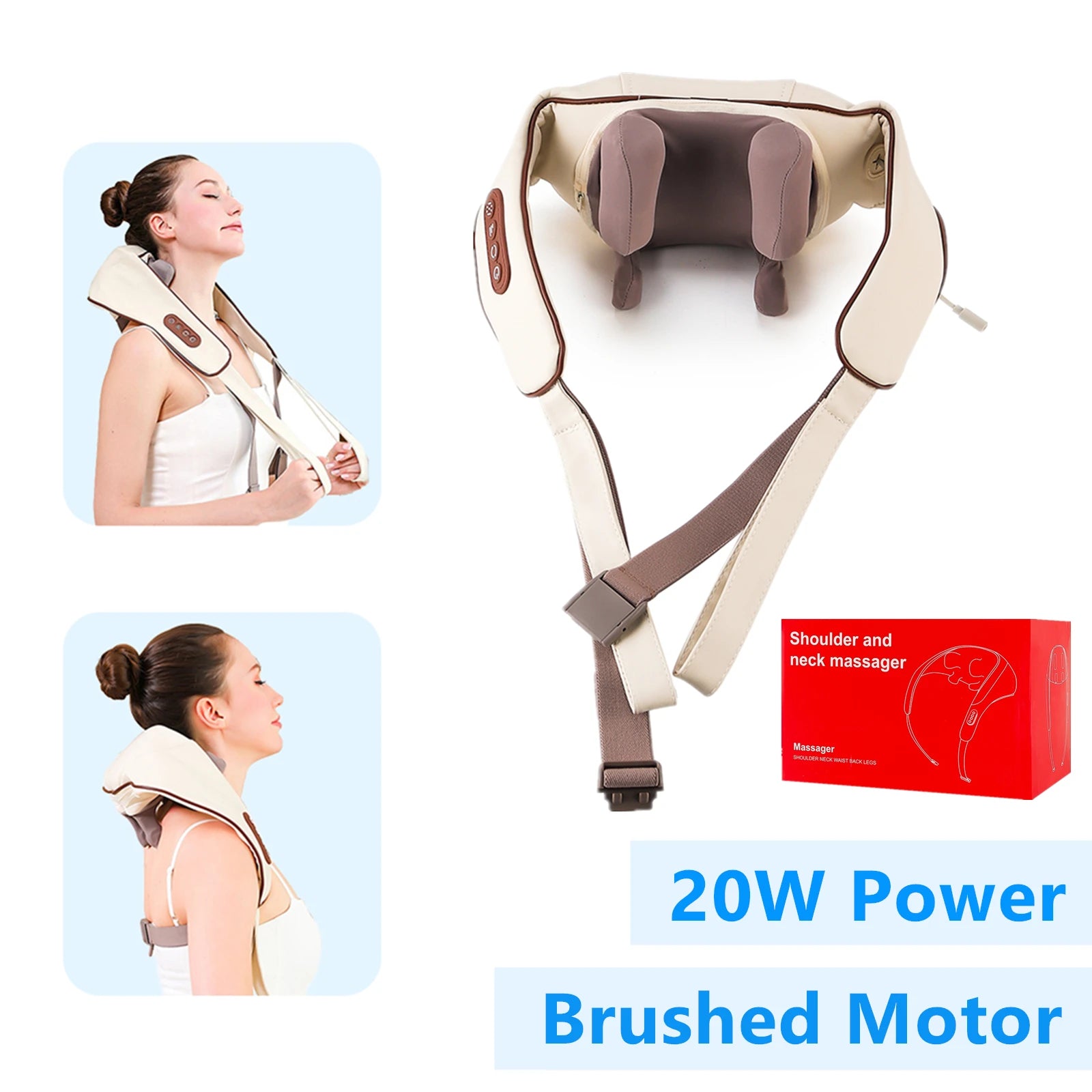 Wireless Electric Neck and Shoulder Massager with Heat Therapy Back Massage Instrument 20W-Brown Tidesmit