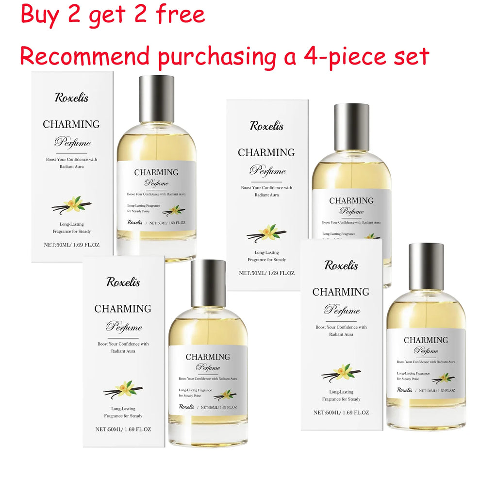 Roxelis Charming 50ml amber vanilla perfume for women. Long-lasting fresh fragrance in elegant round glass bottles.