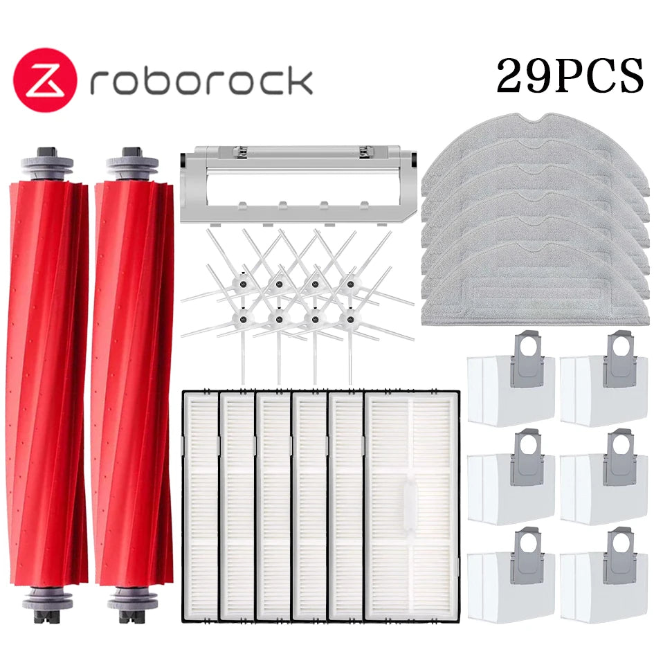 Tidesmit replacement parts set for Roborock S7 MaxV Ultra including side brush, mop cloth, filter, and rolling brush.