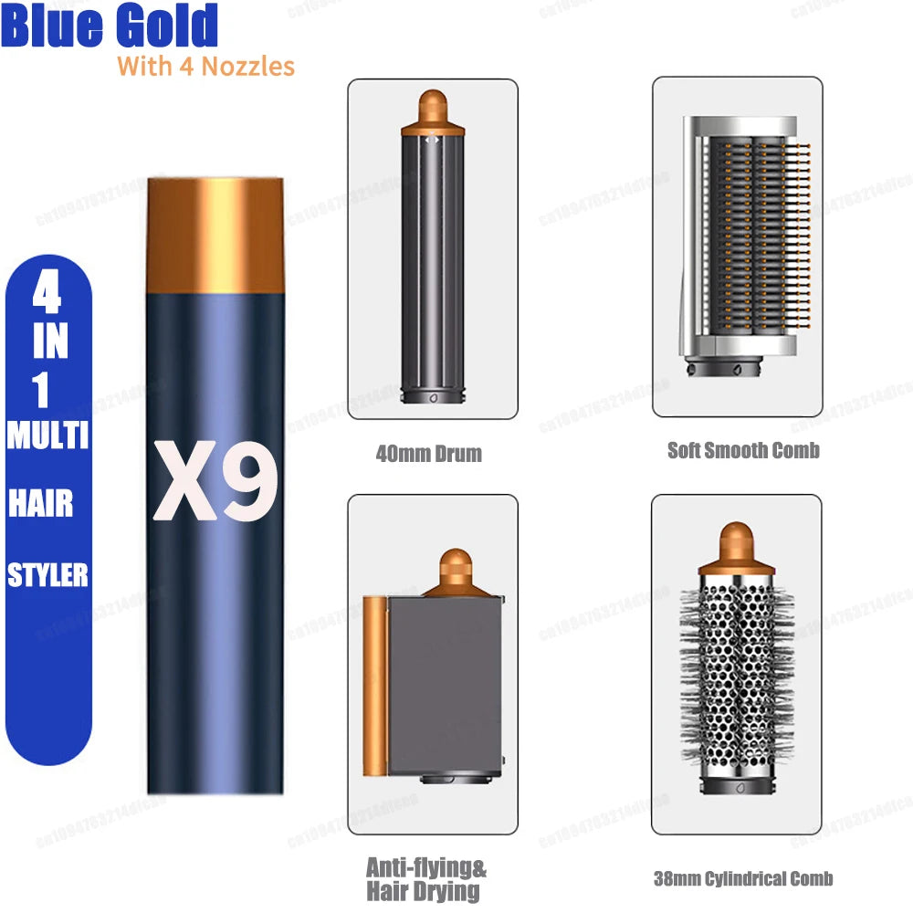 SenCiciMen 4-in-1 blue and gold hair dryer styler with curling barrel, smoothing brush, and drying nozzle attachments.