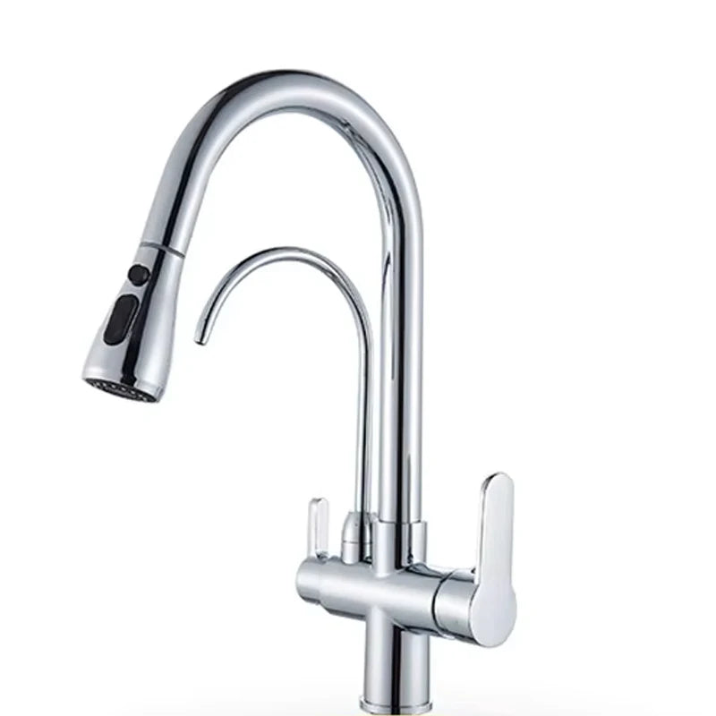 Kitchen Faucet Pull Down Sprayer Dual Handle Stainless Steel Kitchen Tap with Drinking Water Outlet for Water Filter