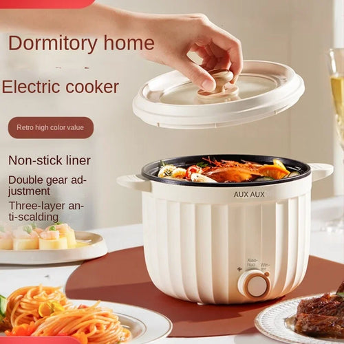 White mini electric rice cooker with glass lid and front control knob
