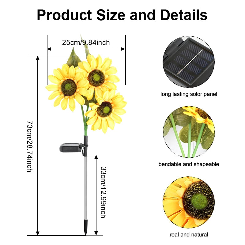 2/4 PCS Solar Powered Sunflower Light 3 Head Outdoor Waterproof LED Ground Insert Lawn Lamp For Garden Lawn Courtyard Decoration