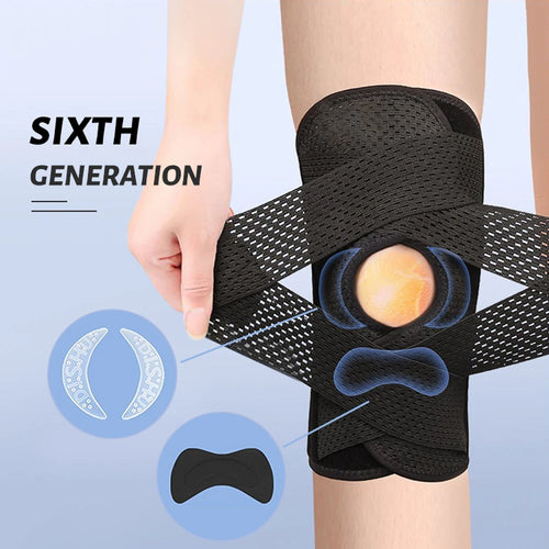 Black mesh knee brace for orthopedic pain relief and joint support with patella stabilizer straps.