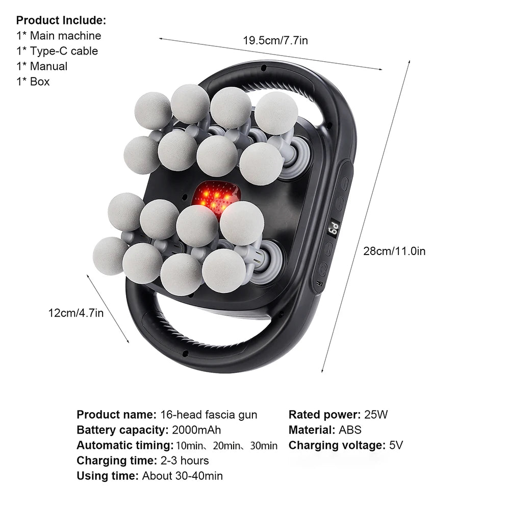 Fascia Massage Gun: 16-Head Electric Deep Tissue Recovery Device Back Massage Instrument Tidesmit