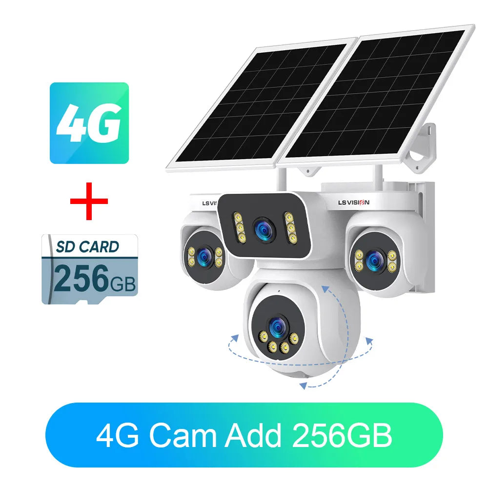 4G solar security camera with four lenses and included 256GB SD card.
