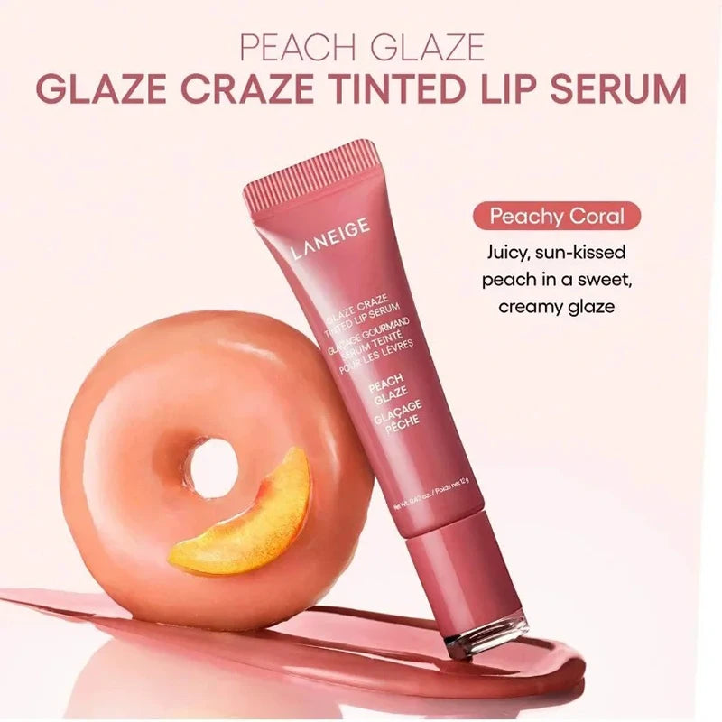 Laneige Glaze Craze Tinted Lip Serum in Peachy Coral. Hydrating plumping lip makeup with a creamy, glossy finish.
