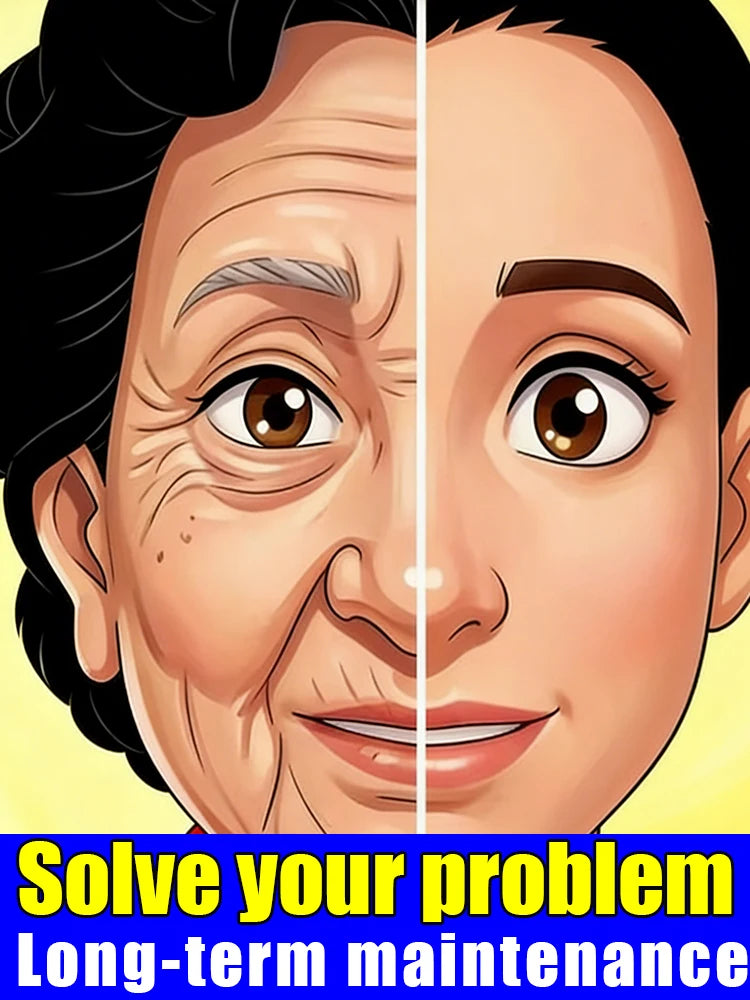 Illustration comparing an aged face with deep wrinkles on the left to a smooth, younger-looking face on the right.